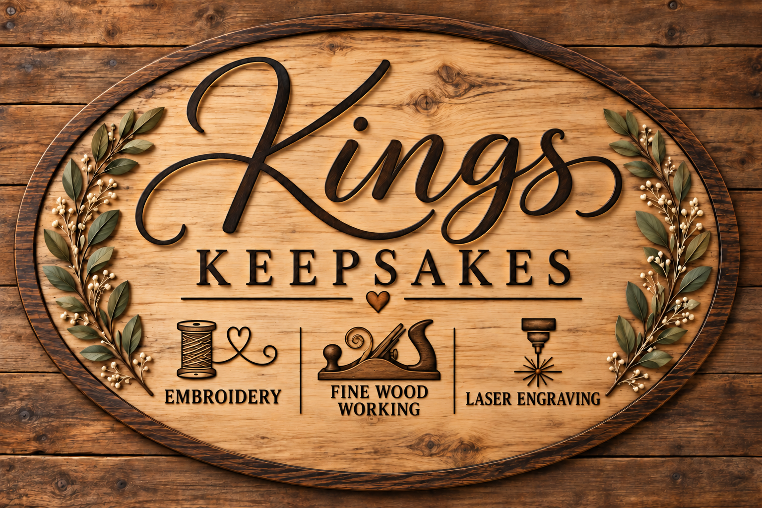 Kings Keepsakes wooden sign with embroidery, fine woodworking, and laser engraving emblems
